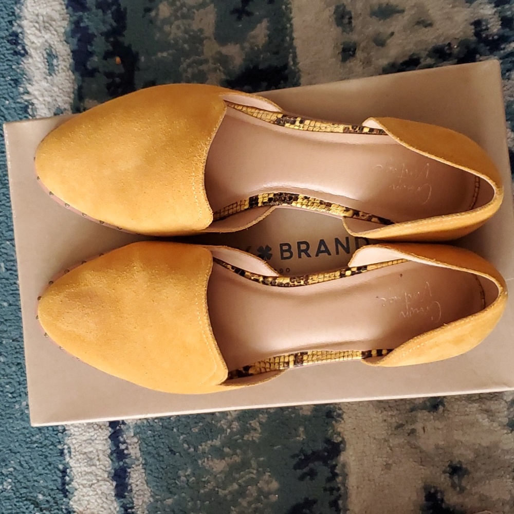 Mustard color suede slip ons